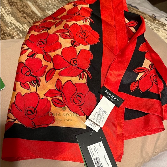 kate spade Accessories - NWT Kate Spade Vibrant Red and Black Floral Scarf 28”+28” aprox